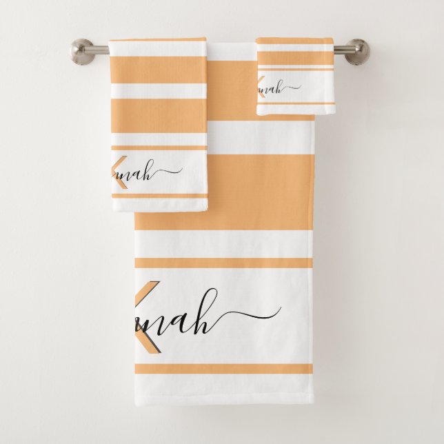 Yellow orange white stripes monogram name bath towel set (Insitu)