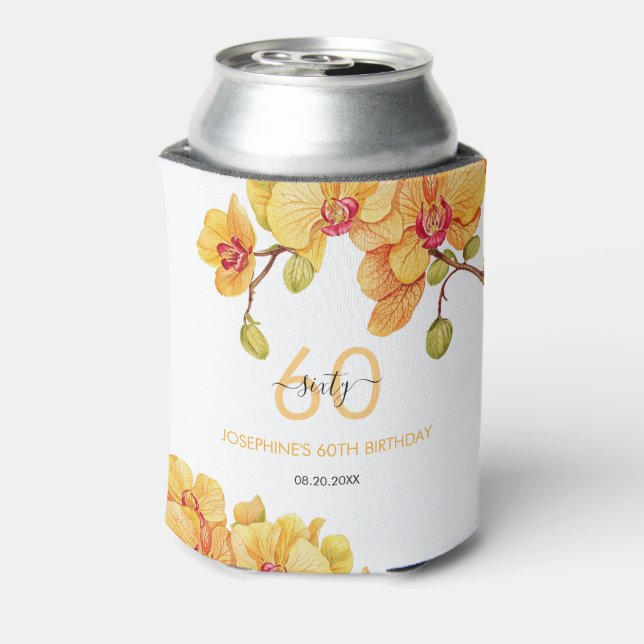 Yellow Orchid Flower Botanical Birthday Can Cooler (Can Back)