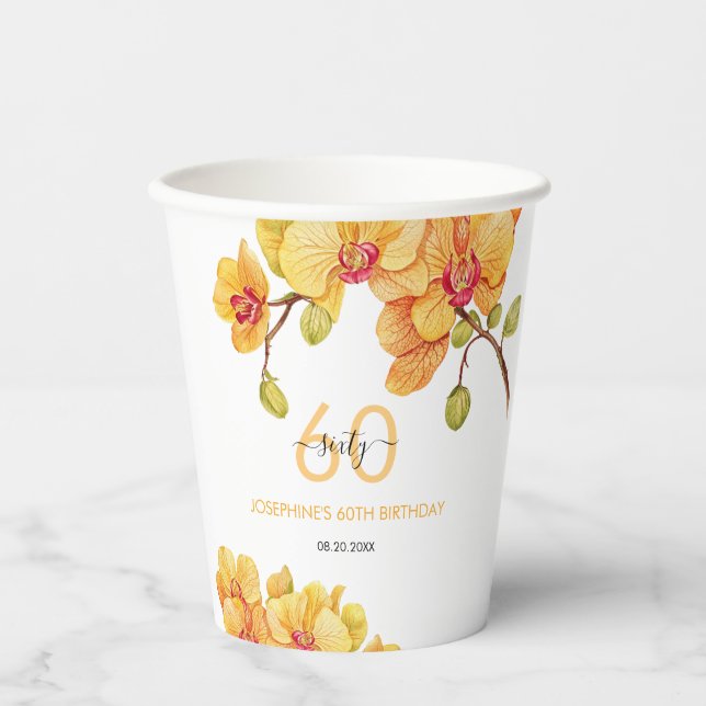 Yellow Orchid Flower Botanical Birthday Paper Cups (Front)