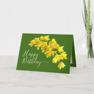 Yellow Orchid Flower Cluster Green Background Card
