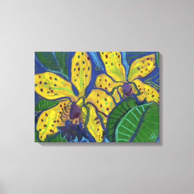 Yellow Orchid Flowers, Pastel Painting Floral Art Canvas Print (Front)