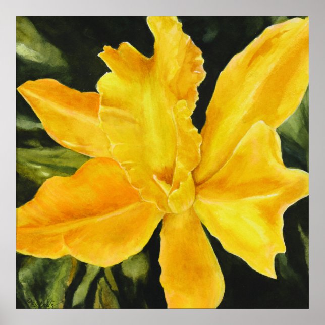 Yellow Orchid Painting green background acrylic  Poster (Front)