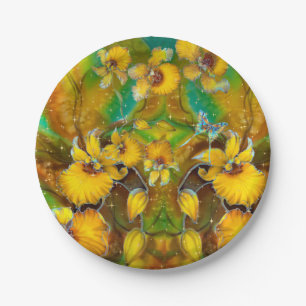 Yellow Orchids Magical Gold Sparkles Stars Green  Paper Plate