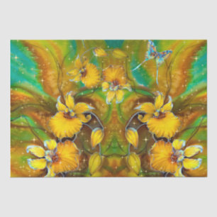 Yellow Orchids Magical Gold Sparkles Stars Green Tissue Paper