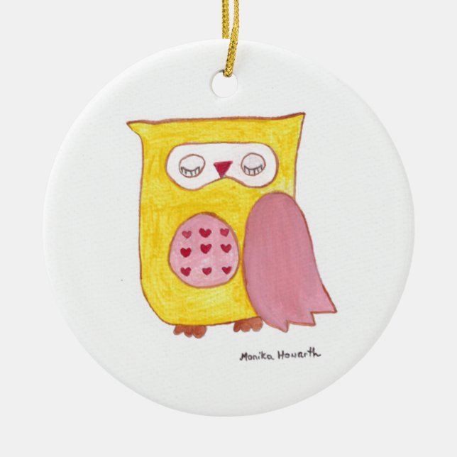 Yellow Owl Ceramic Ornament (Front)