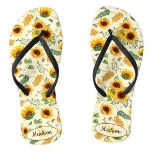 Yellow Painted Sunflowers Bees Pattern Monogram Flip Flops