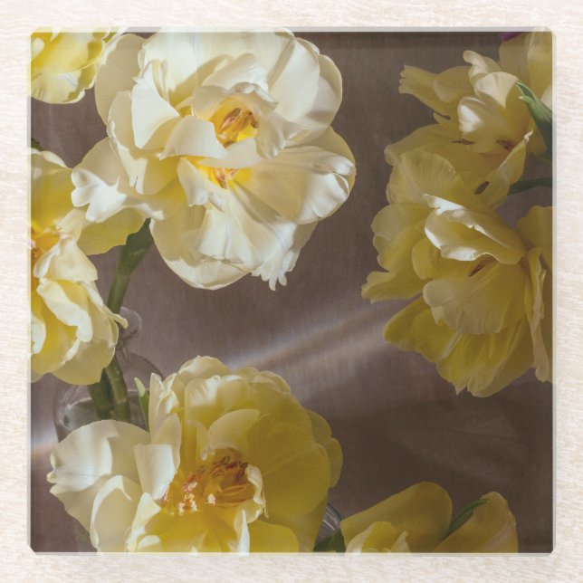 Yellow painterly tulip photo glass coaster (Front)