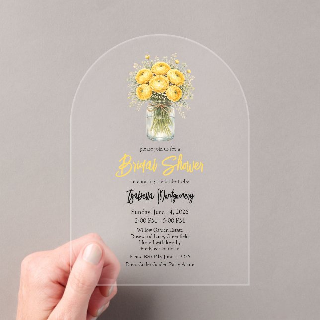 Yellow Palette Ranunculus Mason Jar Bridal Shower Acrylic Invitations (Insitu (Handheld))