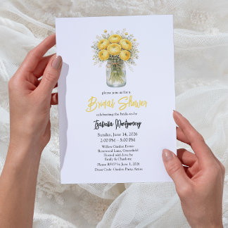 Yellow Palette Ranunculus Mason Jar Bridal Shower Invitation