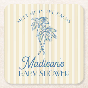 Yellow Palm Spring Pastel Beach Baby Shower Square Paper Coaster