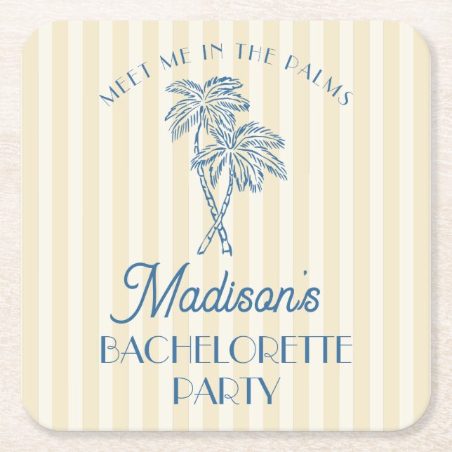 Yellow Palm Spring Pastel Beach Bachelorette Party Square Paper Coaster (Front)
