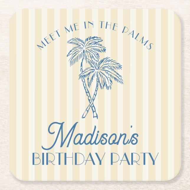 Yellow Palm Spring Pastel Beach Birthday Party Square Paper Coaster (Front)