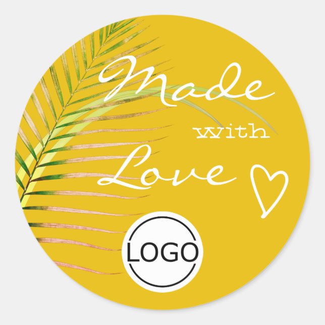 Yellow Palm Tree Leaf Made with Love Logo Template Classic Round Sticker (Front)