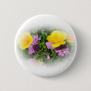 yellow pansies and purple garden flowers 2 inch round button