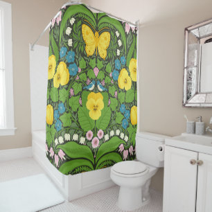 Yellow pansies, birds and butterflies
