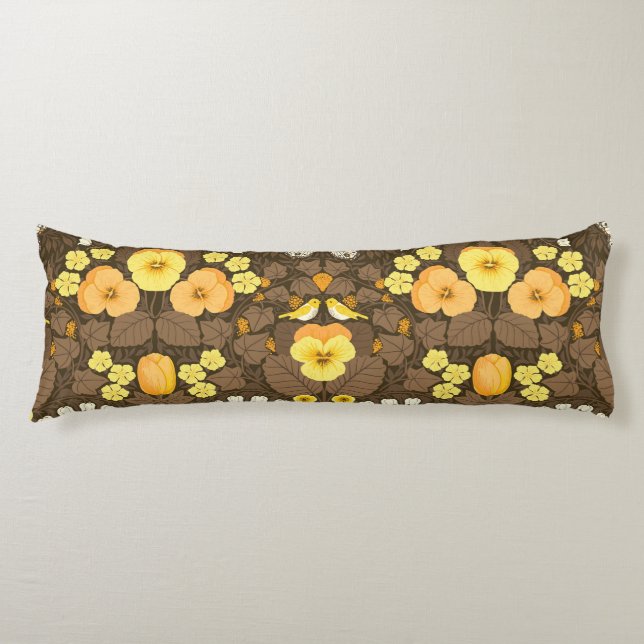Yellow pansies, birds and butterflies body pillow (Front)