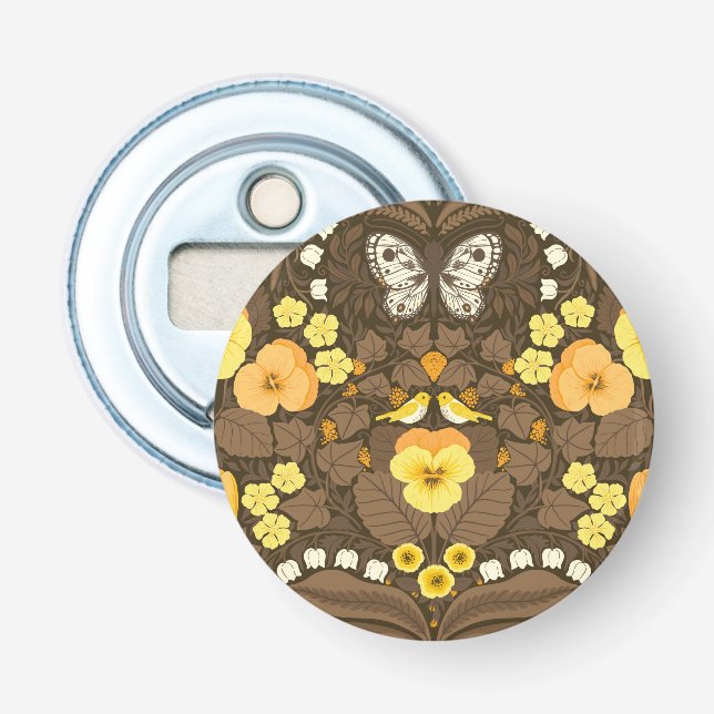 Yellow pansies, birds and butterflies bottle opener (Front)