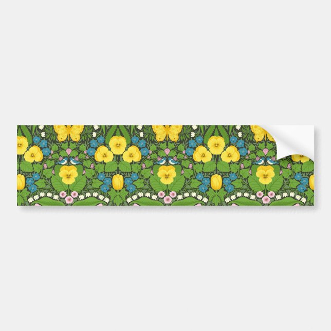 Yellow pansies, birds and butterflies bumper sticker (Front)