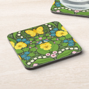 Yellow pansies, birds and butterflies coaster