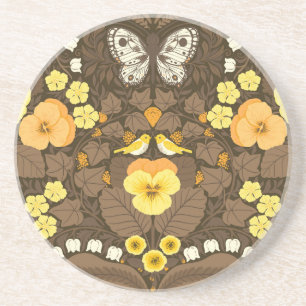 Yellow pansies, birds and butterflies coaster