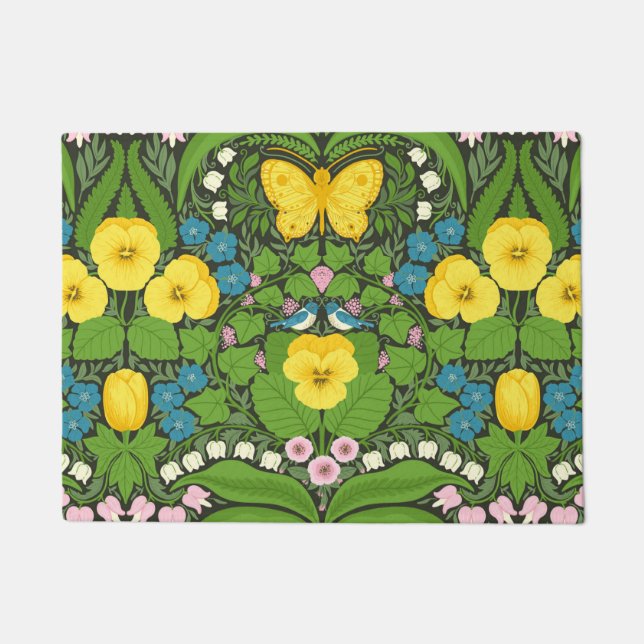 Yellow pansies, birds and butterflies doormat (Front)