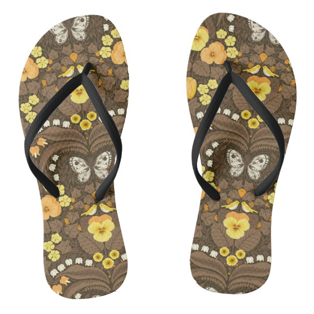 Yellow pansies, birds and butterflies flip flops (Footbed)