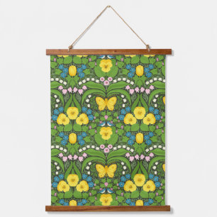 Yellow pansies, birds and butterflies hanging tapestry