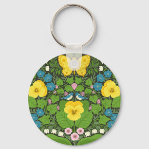 Yellow pansies, birds and butterflies keychain