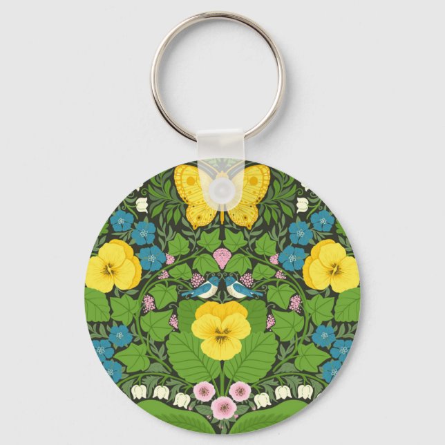 Yellow pansies, birds and butterflies keychain (Front)