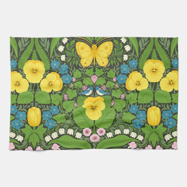 Yellow pansies, birds and butterflies kitchen towel (Horizontal)