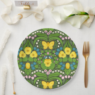 Yellow pansies, birds and butterflies paper plate