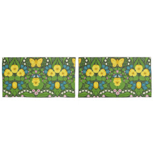 Yellow pansies, birds and butterflies pillowcase