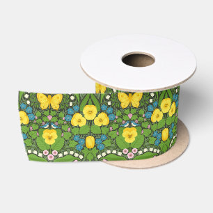 Yellow pansies, birds and butterflies satin ribbon