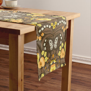 Yellow pansies, birds and butterflies short table runner
