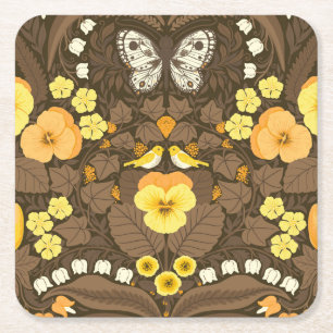 Yellow pansies, birds and butterflies square paper coaster