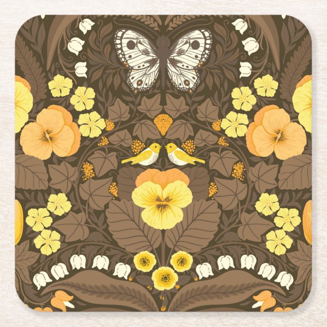 Yellow pansies, birds and butterflies square paper coaster (Front)