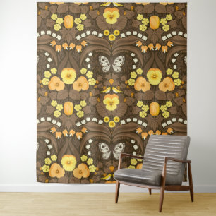 Yellow pansies, birds and butterflies tapestry