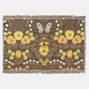Yellow pansies, birds and butterflies throw blanket