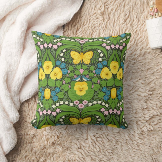 Yellow pansies, birds and butterflies throw pillow (Blanket)