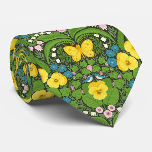 Yellow pansies, birds and butterflies tie