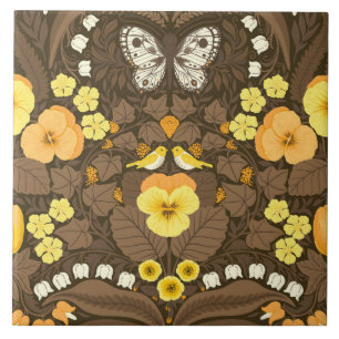 Yellow pansies, birds and butterflies tile
