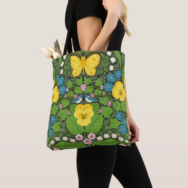 Yellow pansies, birds and butterflies tote bag (Close Up)