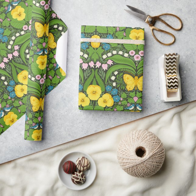 Yellow pansies, birds and butterflies wrapping paper (Crafts)