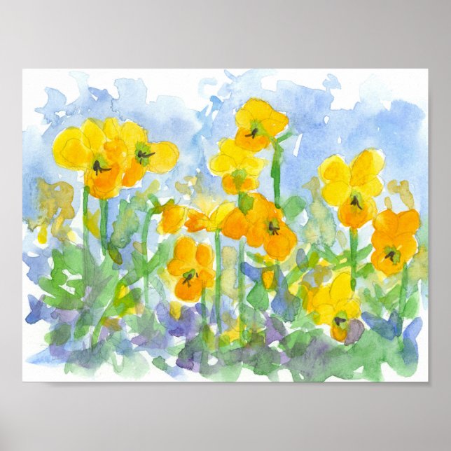 Yellow Pansies Watercolor Spring Flowers Painting Poster (Front)