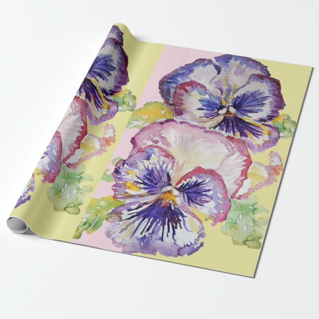 Yellow Pansy Pink Yellow Spring flowers Watercolor Wrapping Paper (Unrolled)