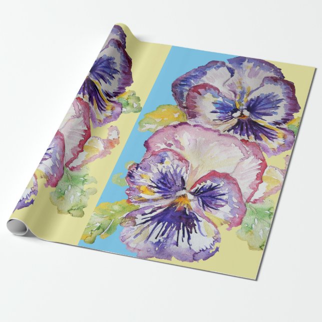 Yellow Pansy Purple Spring flowers Watercolor Wrapping Paper (Unrolled)
