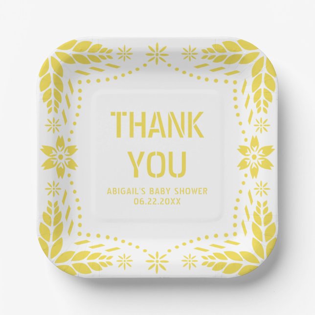 Yellow papel picado art Thank You Baby Shower Paper Plate (Front)