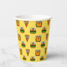 yellow Paper cups with cute colourful fast food