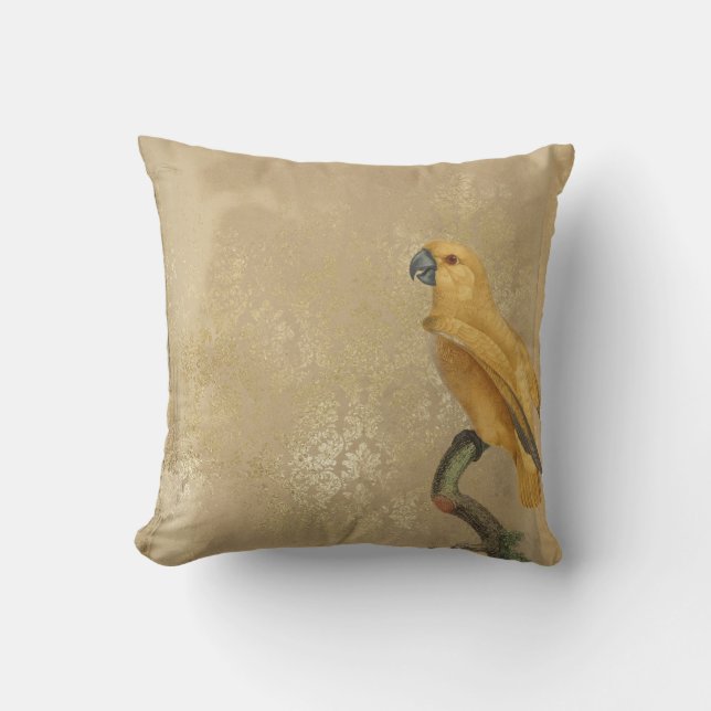 Yellow Parrot on Tan and Gold Throw Pillow (Front)