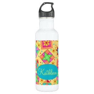Yellow Patchwork Quilt Block Art Personalized 710 Ml Water Bottle